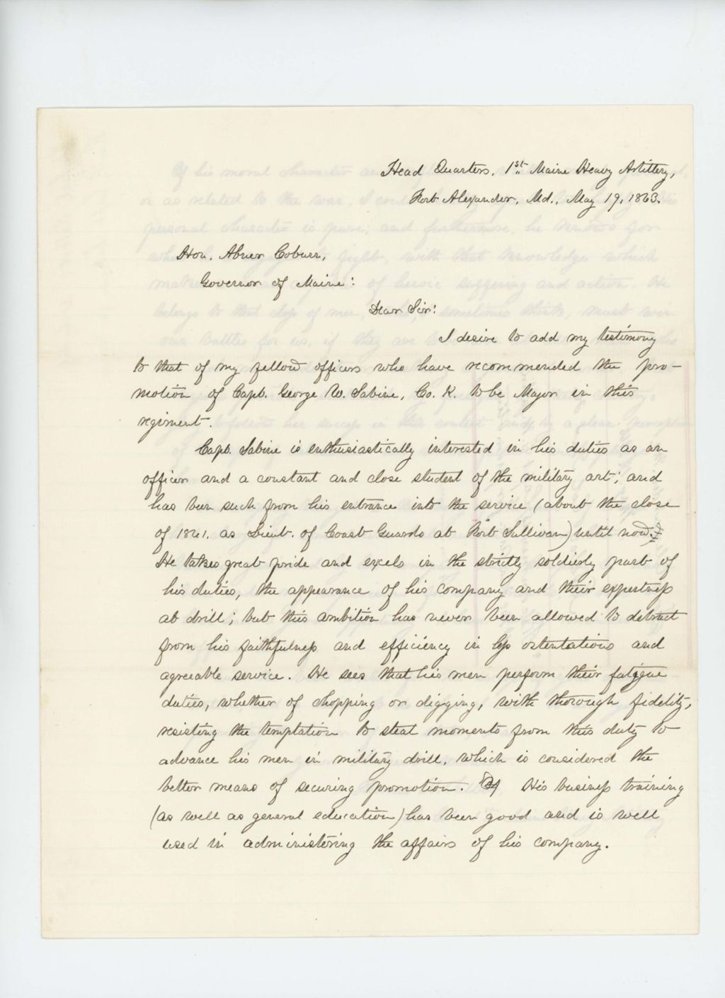 Miniature of Lieutenant Colonel Thomas H. Talbot recommends promotion of Captain George W. Sabine