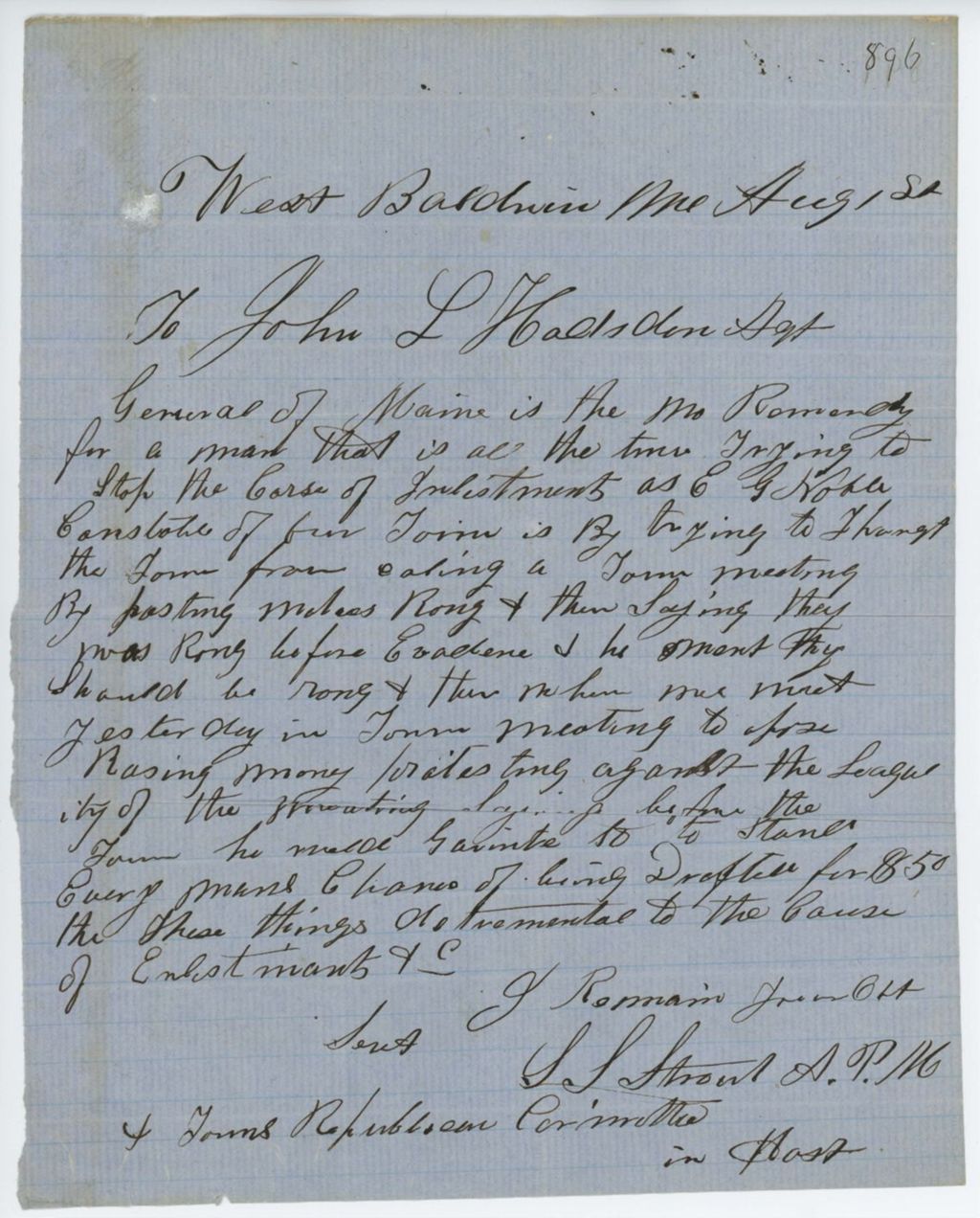 Miniature of Absent Soldiers: Correspondence from S. S. Strout, August 01, 1862