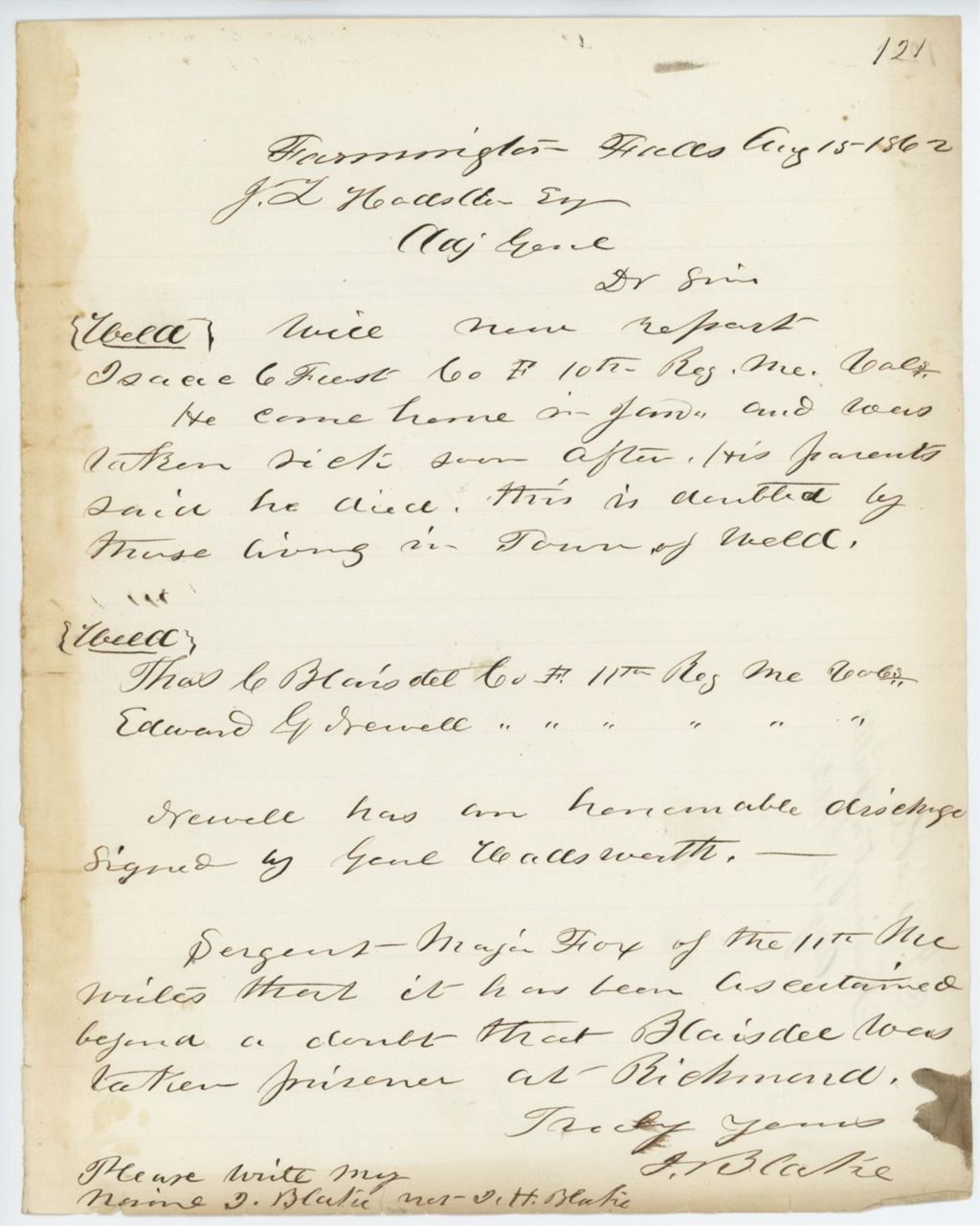 Miniature of Absent Soldiers: Correspondence from J. Blake to General Hodsdon, August 15, 1862
