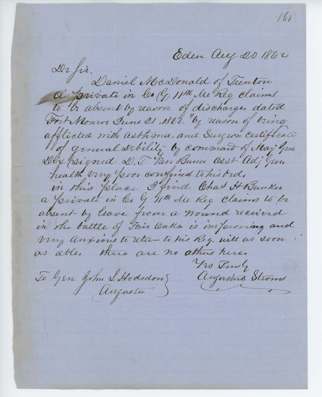 Miniature of Absent Soldiers: Correspondence to General Hodsdon from A. Stevens, August 20, 1862