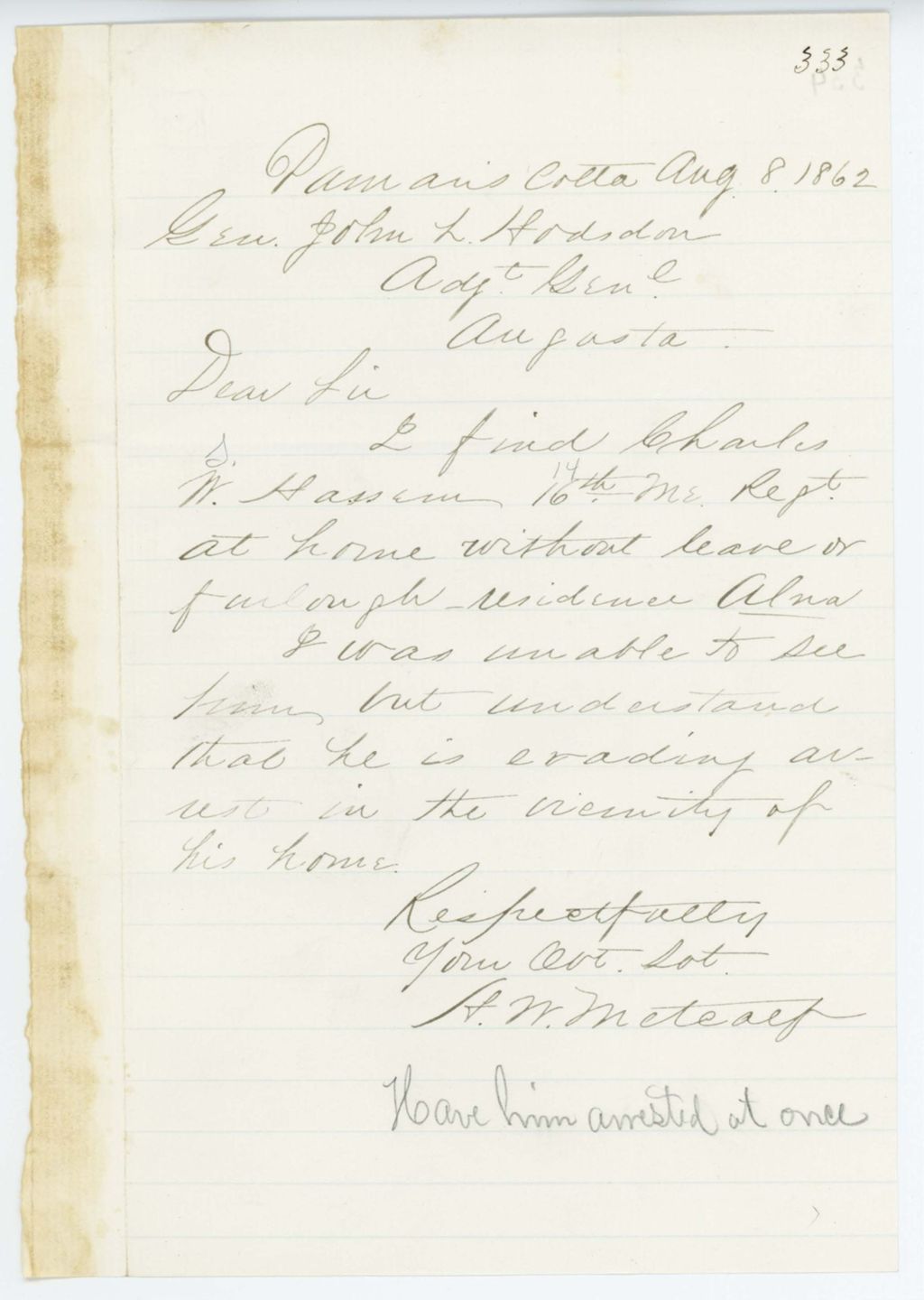 Miniature of Absent Soldiers: Correspondence from H. Metcalf to General Hodsdon