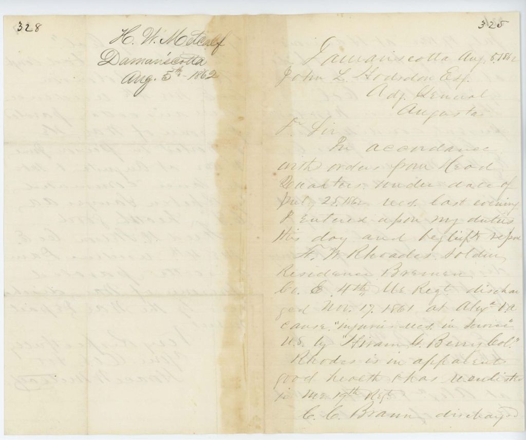 Miniature of Absent Soldiers: Correspondence from H. Metcalf to General Hodsdon