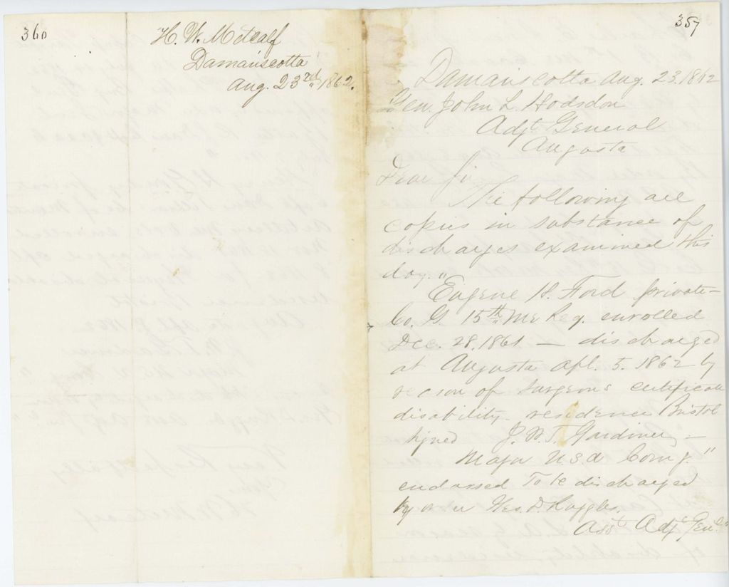 Miniature of Absent Soldiers: Correspondence from H. Metcalf to General Hodsdon