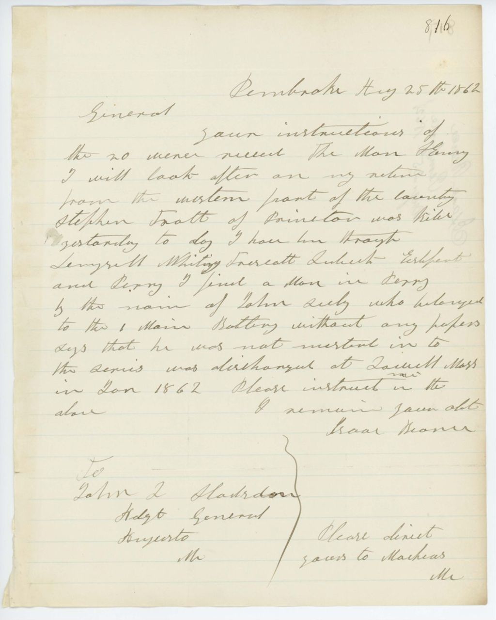 Miniature of Absent Soldiers: Correspondence from I. Bearce to General Hodsdon