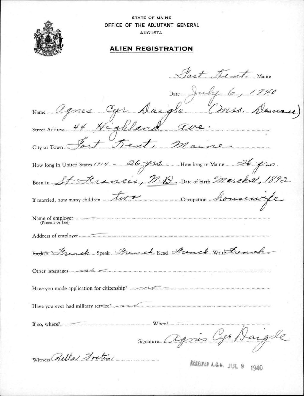 Miniature of Alien Registration- Cyr Daigle, Agnes (Fort Kent, Aroostook County)