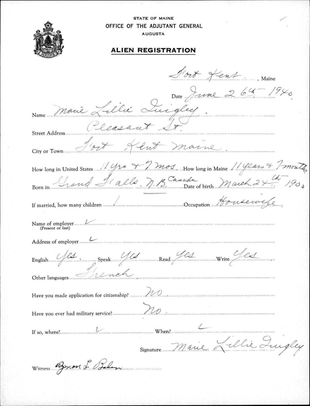 Miniature of Alien Registration- Quigley, Marie L. (Fort Kent, Aroostook County)