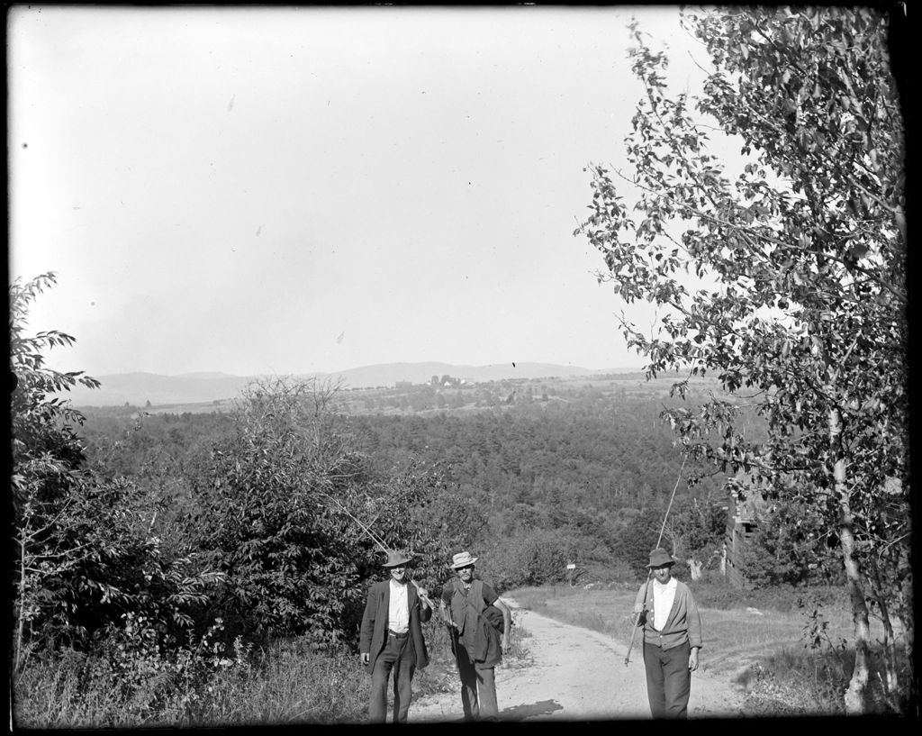 Miniature of Three Men, Carrying Fishing Poles, Walking Along A Rural Road