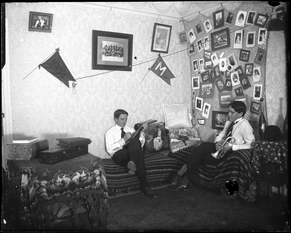 Miniature of Two Young Men Playing Musical Instruments In Their Dorm Room, Bates College