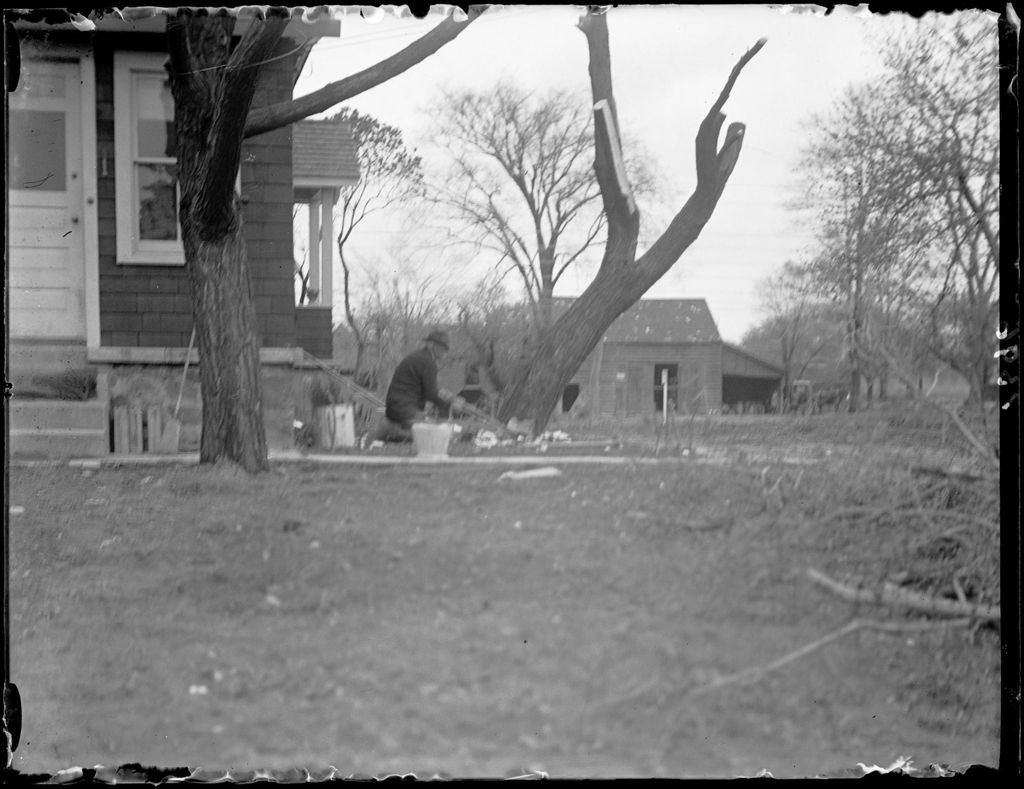 Miniature of Man Cutting Down A Dead Tree Outside A Home