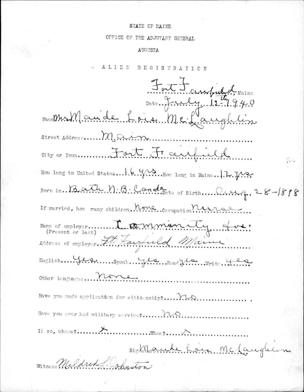 Miniature of Alien Registration- Mclaughlin, Maude L. (Fort Fairfield, Aroostook County)