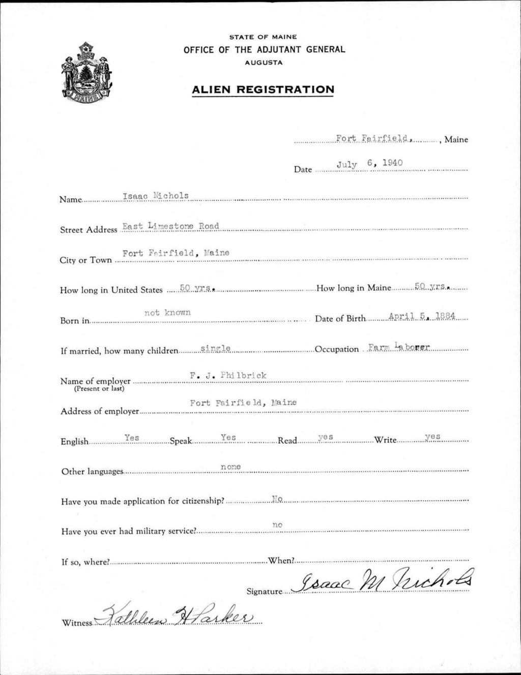 Miniature of Alien Registration- Nichols, Isaac (Fort Fairfield, Aroostook County)