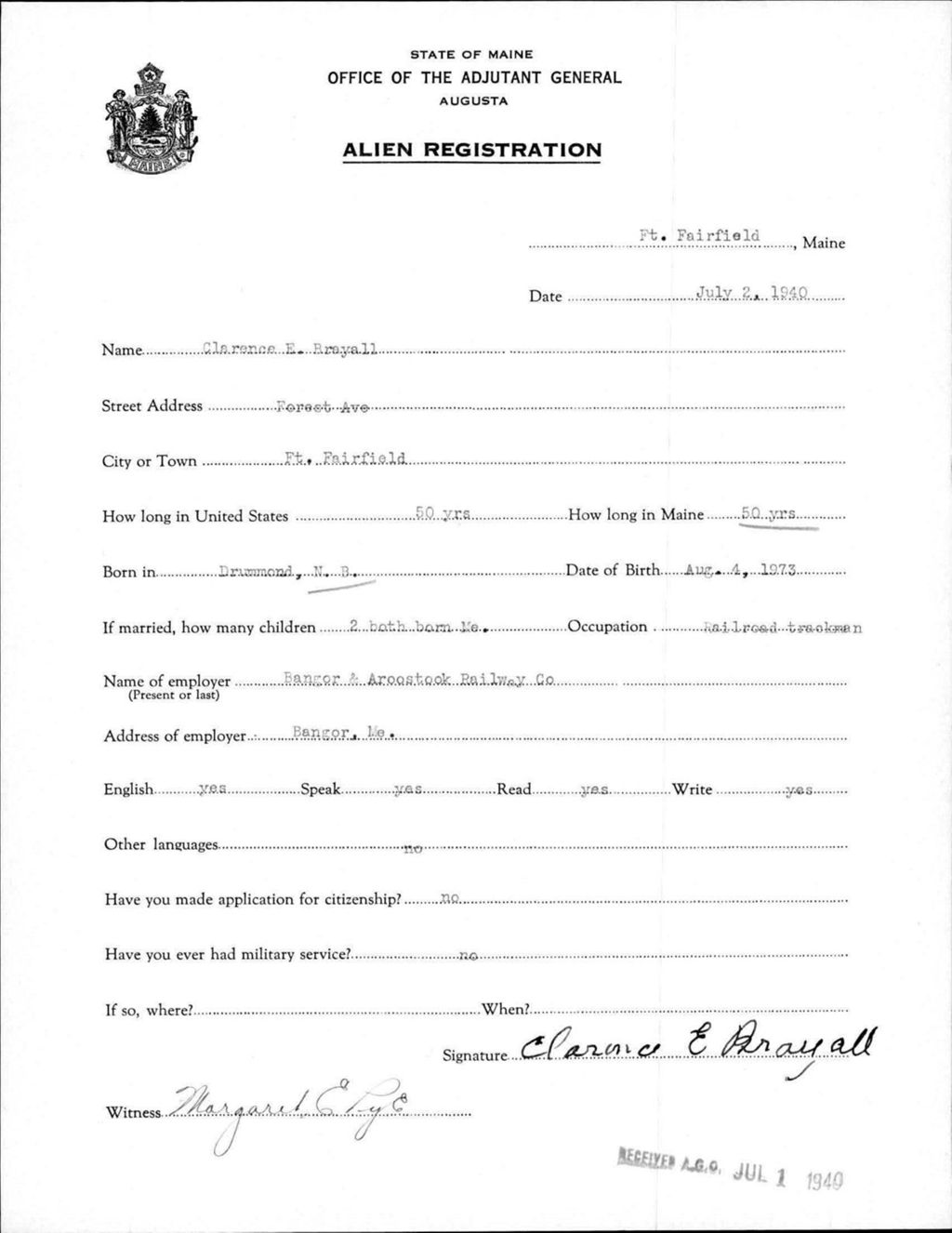 Miniature of Alien Registration- Brayall, Clarence E. (Fort Fairfield, Aroostook County)