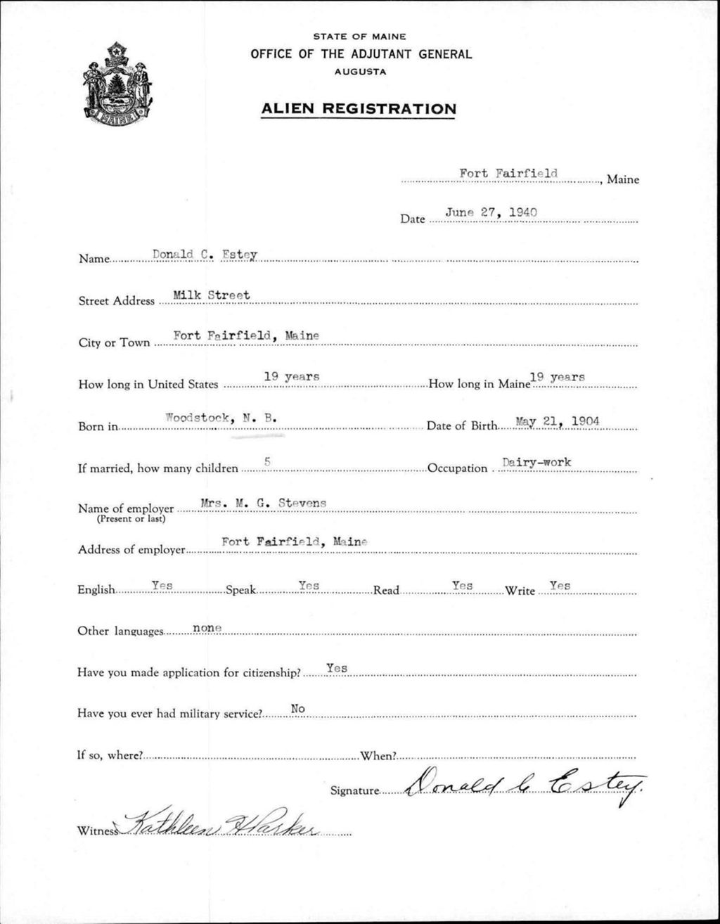 Miniature of Alien Registration- Estey, Donald C. (Fort Fairfield, Aroostook County)
