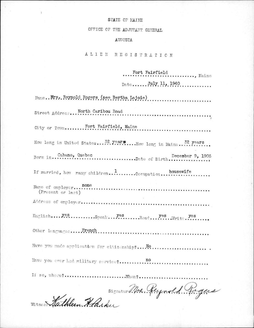 Miniature of Alien Registration- Lajoie, Bertha (Fort Fairfield, Aroostook County)
