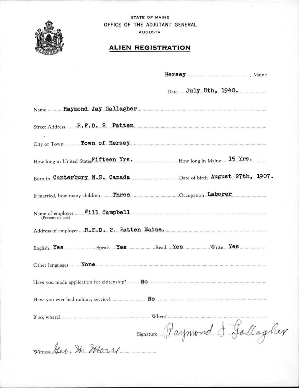 Miniature of Alien Registration- Gallagher, Raymond J. (Fort Fairfield, Aroostook County)