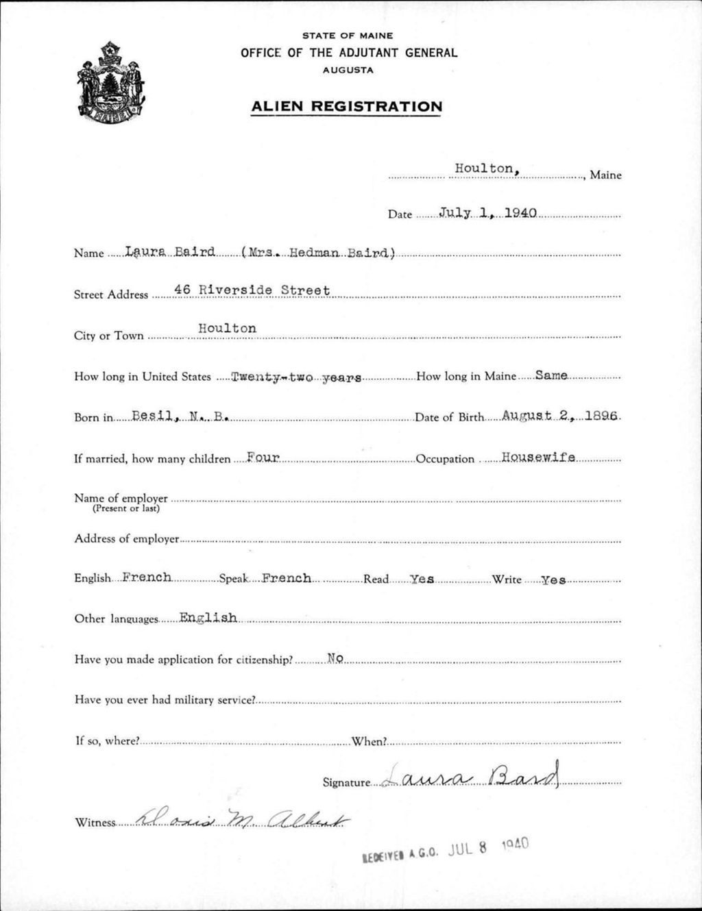 Miniature of Alien Registration- Baird, Laura (Houlton, Aroostook County)