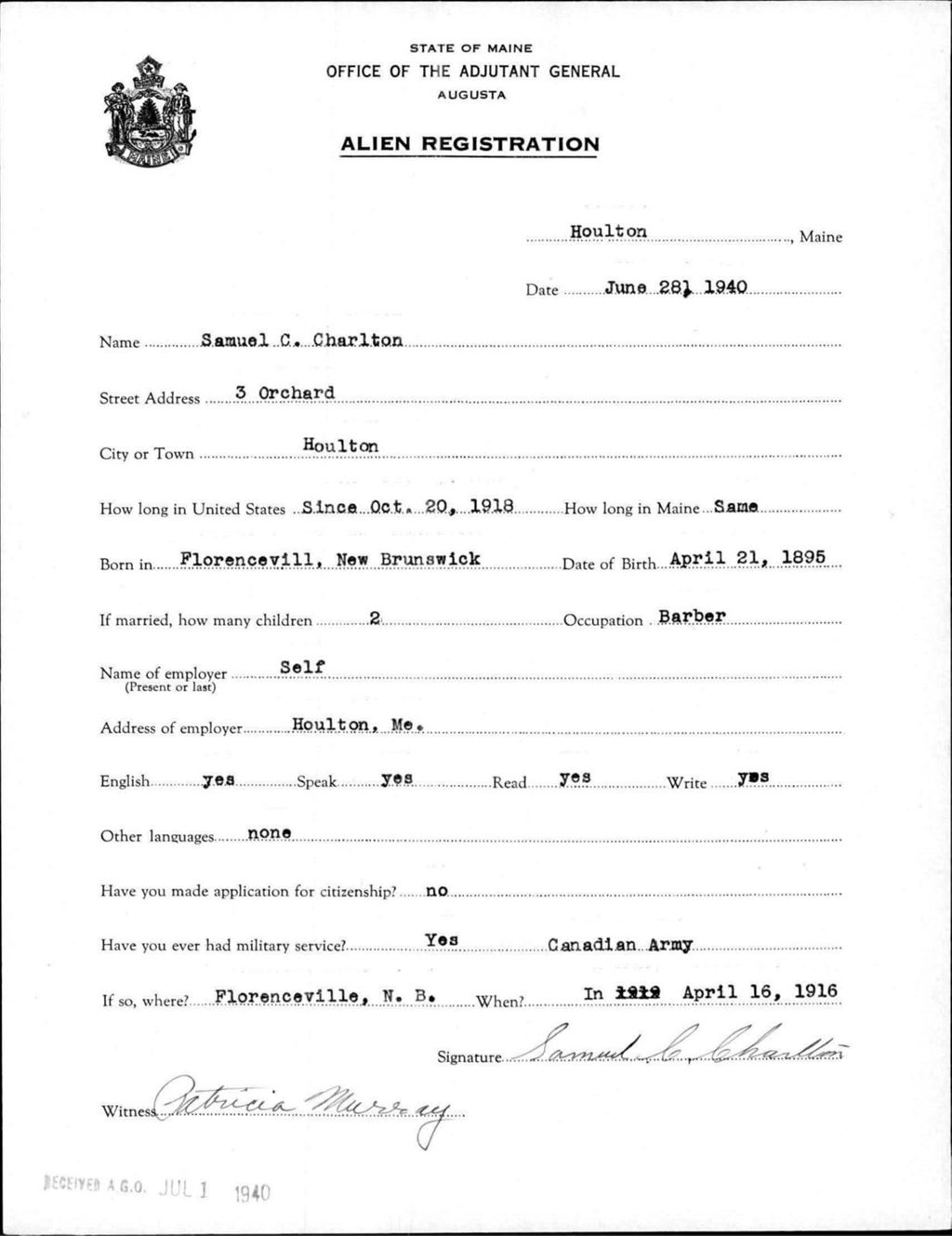 Miniature of Alien Registration- Charlton, Samuel C. (Houlton, Aroostook County)