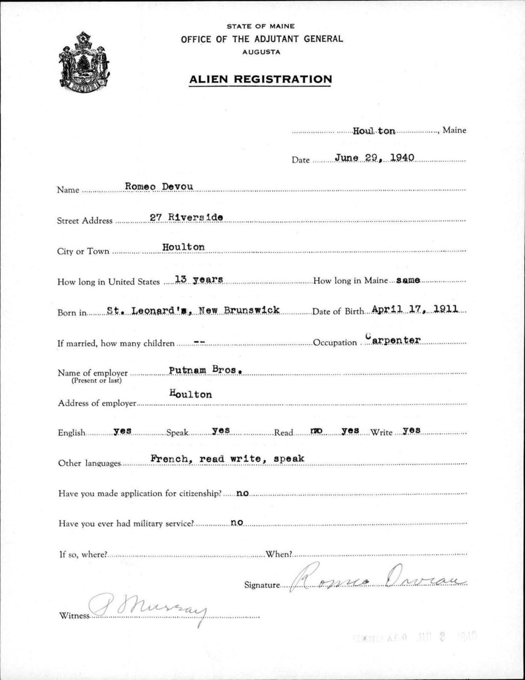 Miniature of Alien Registration- Devou, Romeo (Houlton, Aroostook County)