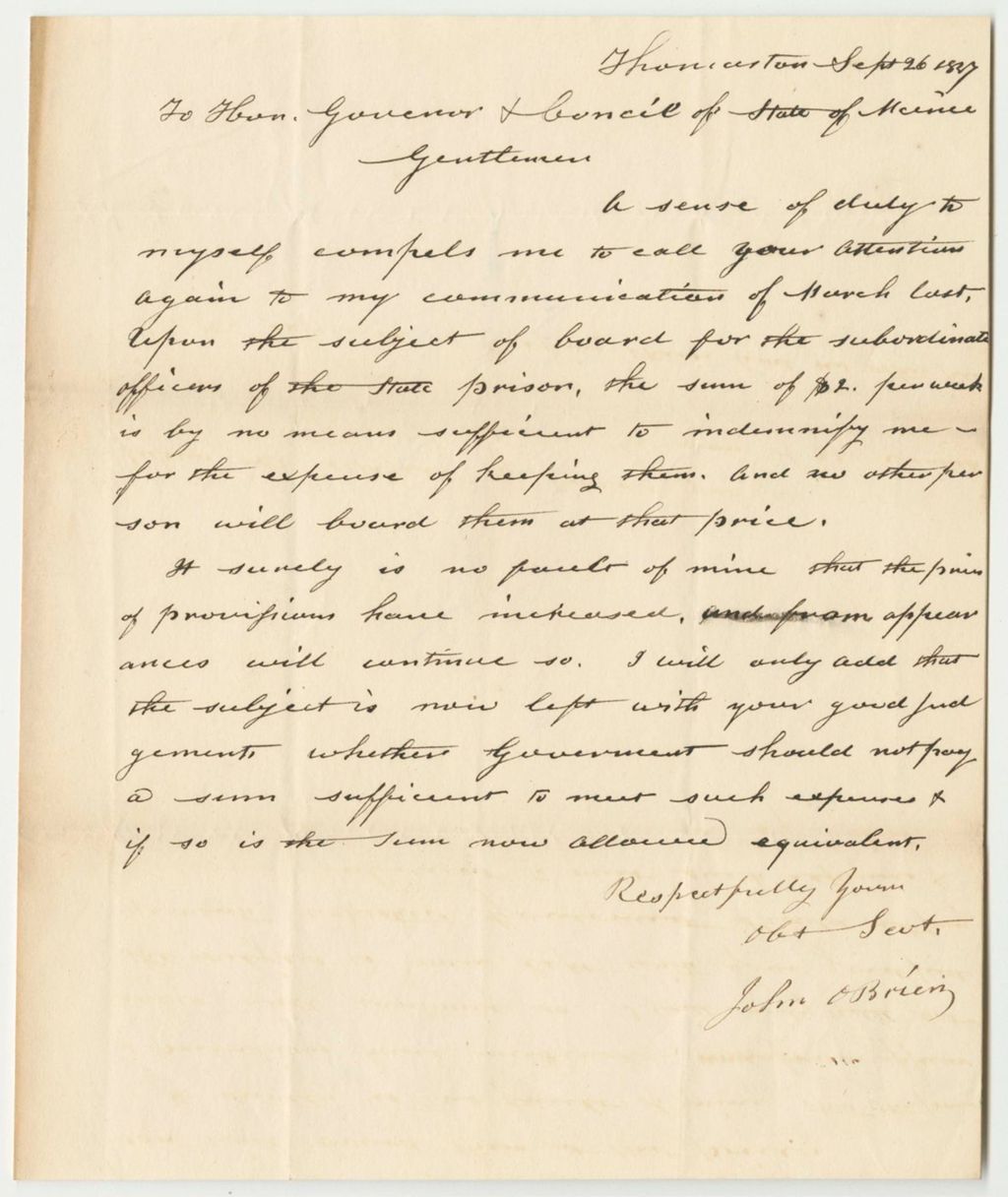 Miniature of Petition of John O'Brien for an Increase in the Board for the Subordinate Officers of the State Prison
