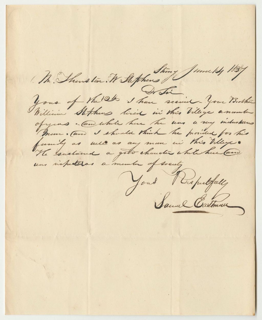 Miniature of Communication from Samuel Eastman, Relating to William Stevens