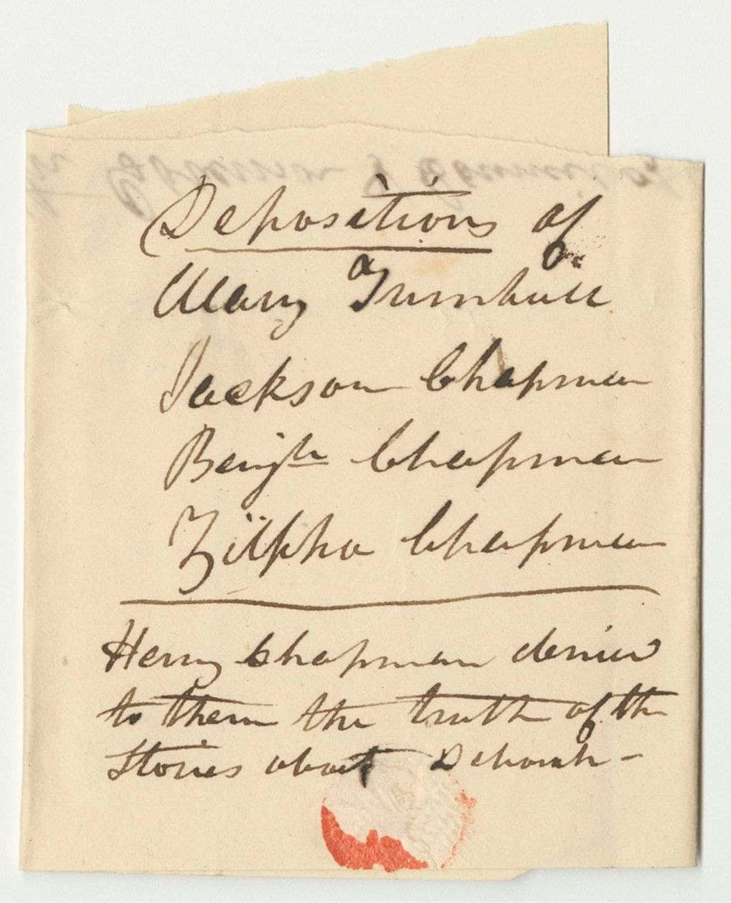 Miniature of Depositions of Mary Turnball, Jackson Chapman, Benjamin Chapman, and Zelpha Chapman, Related to Deborah Chapman and Dr. Moses Call