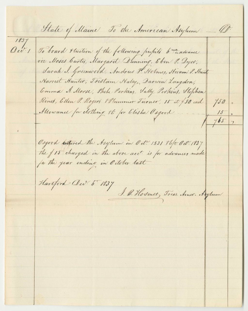 Miniature of Account of J.B. Hosmer, Treasurer of The American Insane Asylum, for Tuition for the Deaf and Dumb