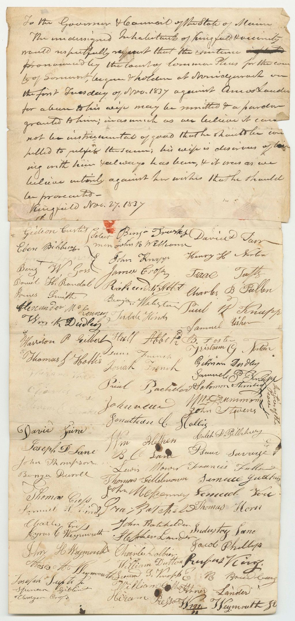 Miniature of Petition of the Inhabitants of Kingfield for the Pardon of Amos Lander