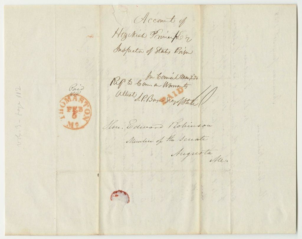 Miniature of Account of Hezekiah Prince Jr., State Prison Inspector