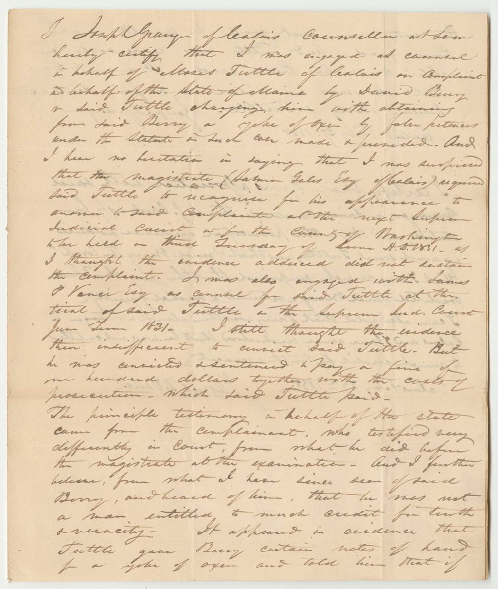 Miniature of Communication from Joseph Granger and James P. Vance, in Relation to the Petition for the Pardon of Moses Tuttle
