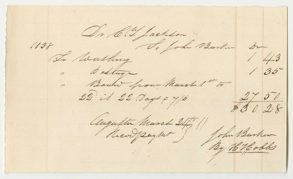 Miniature of C.T. Jackson's Bill for Washing, Postage, and Board