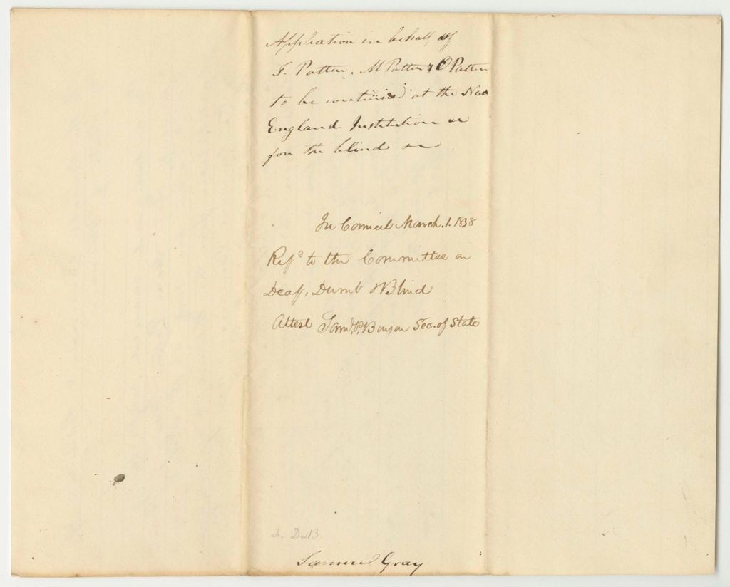 Miniature of Application in Behalf of Isaac Patten, Mary Jane Patten, and Otis Patten to be Continued at the New England Institute for the Blind