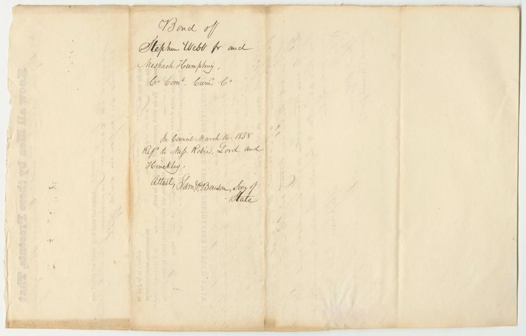 Miniature of Bond of Stephen Webb Jr. and Mishack Humphrey, Late Cumberland County Commissioners