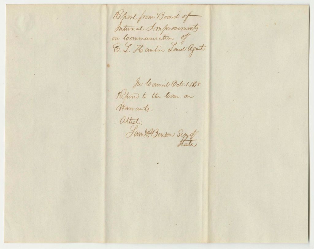 Miniature of Report 248: Warrant in Favor of Elijah L. Hamlin, Land Agent, for Exploration and Survey of the Aroostook River