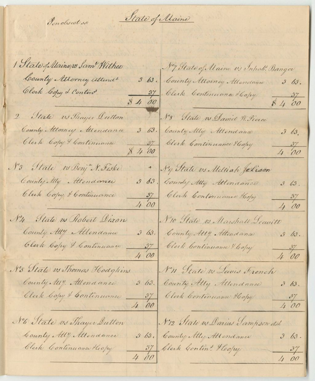 Miniature of Bills of Cost at the Court of Common Pleas in Penobscot County, October Term 1838