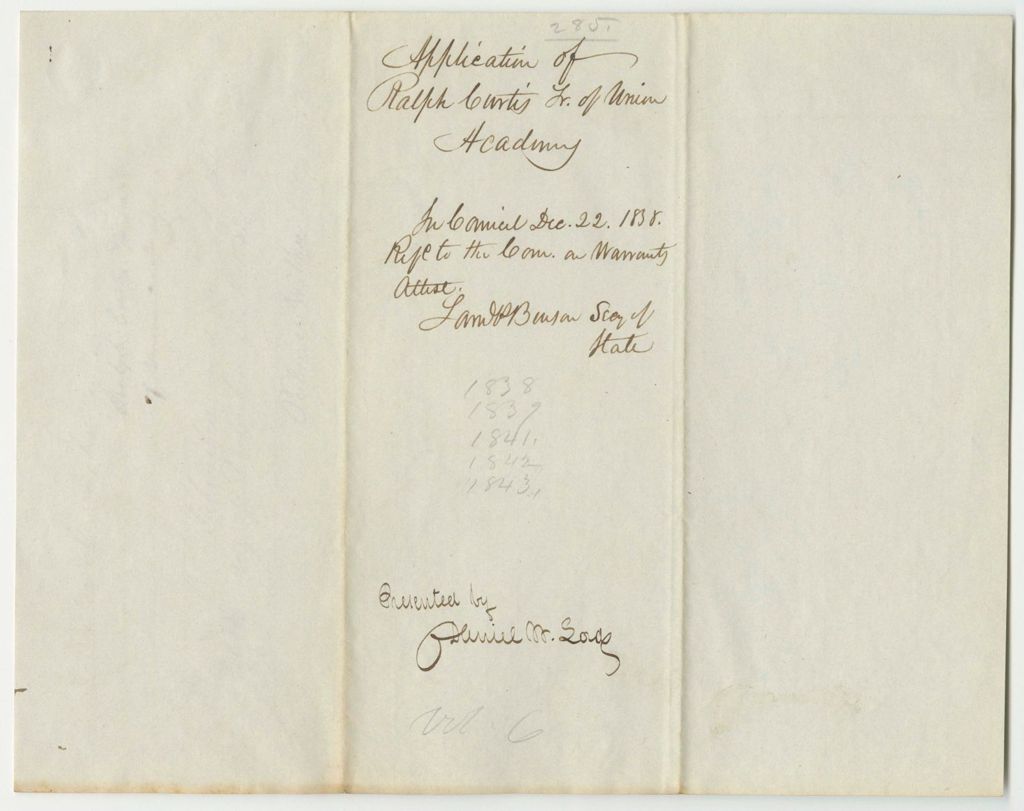 Miniature of Application of Ralph Curtis Jr., Treasurer of the Union Academy, for the Benefit of the "Resolve in Favor of Education"