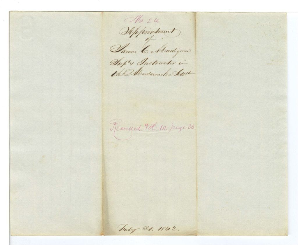 Miniature of Report on the appointment of James C. Madigan, Superintendent and instructor in the Madawaska Settlement