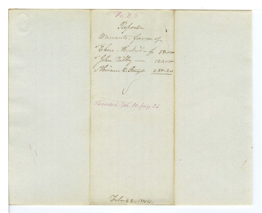 Miniature of Report on the warrants in favor of John Kilby, Washington County Agricultural Society, Eben H. Neil, Somerset County Agric. Society, and Hiram B. Styoll, Franklin