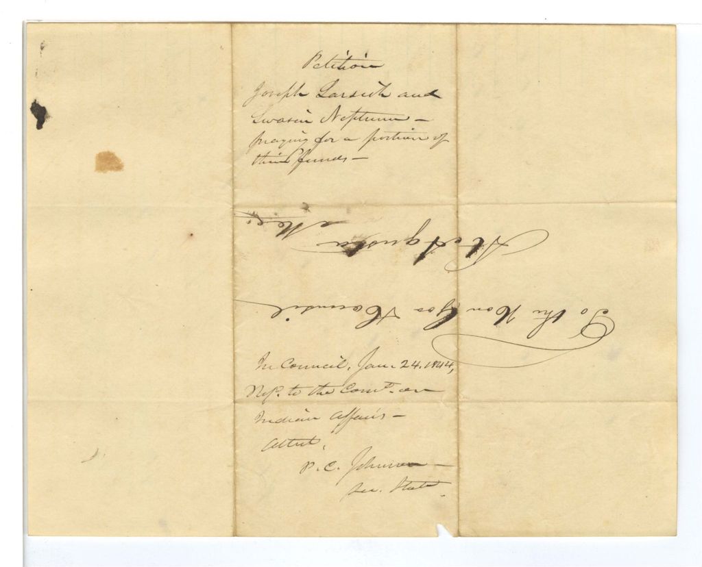 Miniature of Petition of Joseph [Larsuth?] and Swasin Neptune, praying for a portion of their funds