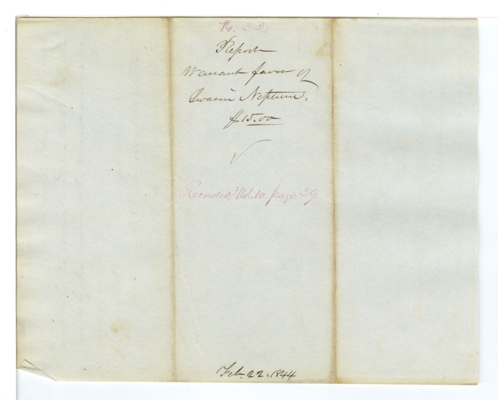 Miniature of Report on the warrant in favor of Swasin Neptune, Penobscot Indian