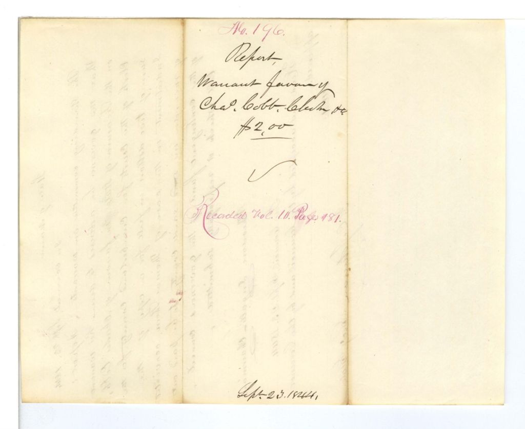 Miniature of Report 196: Report on the warrant in favor of Charles Obb, Clerk of Cumberland County Courts, for copy of indictment against Thomas Thorn, convicted of murder