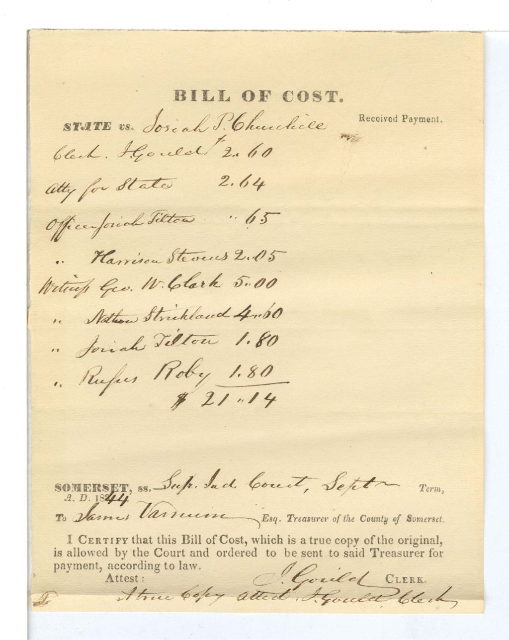 Miniature of Bill of Cost, State vs. Josiah P. [Chandrill?]