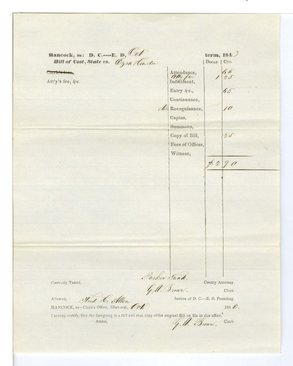 Miniature of Bill of Cost, State vs. Ezra Harden