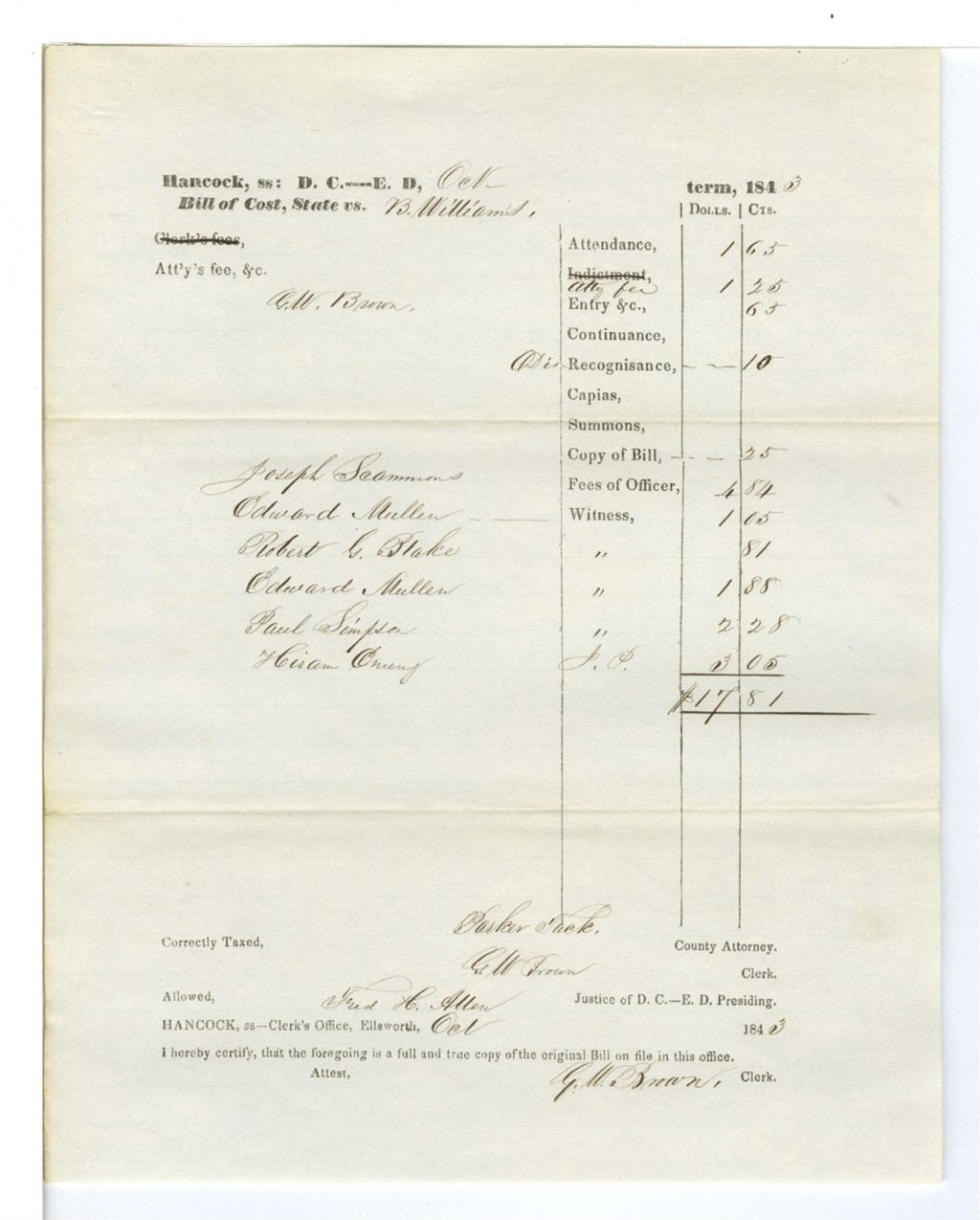 Miniature of Bill of Cost, State vs. B. Williams