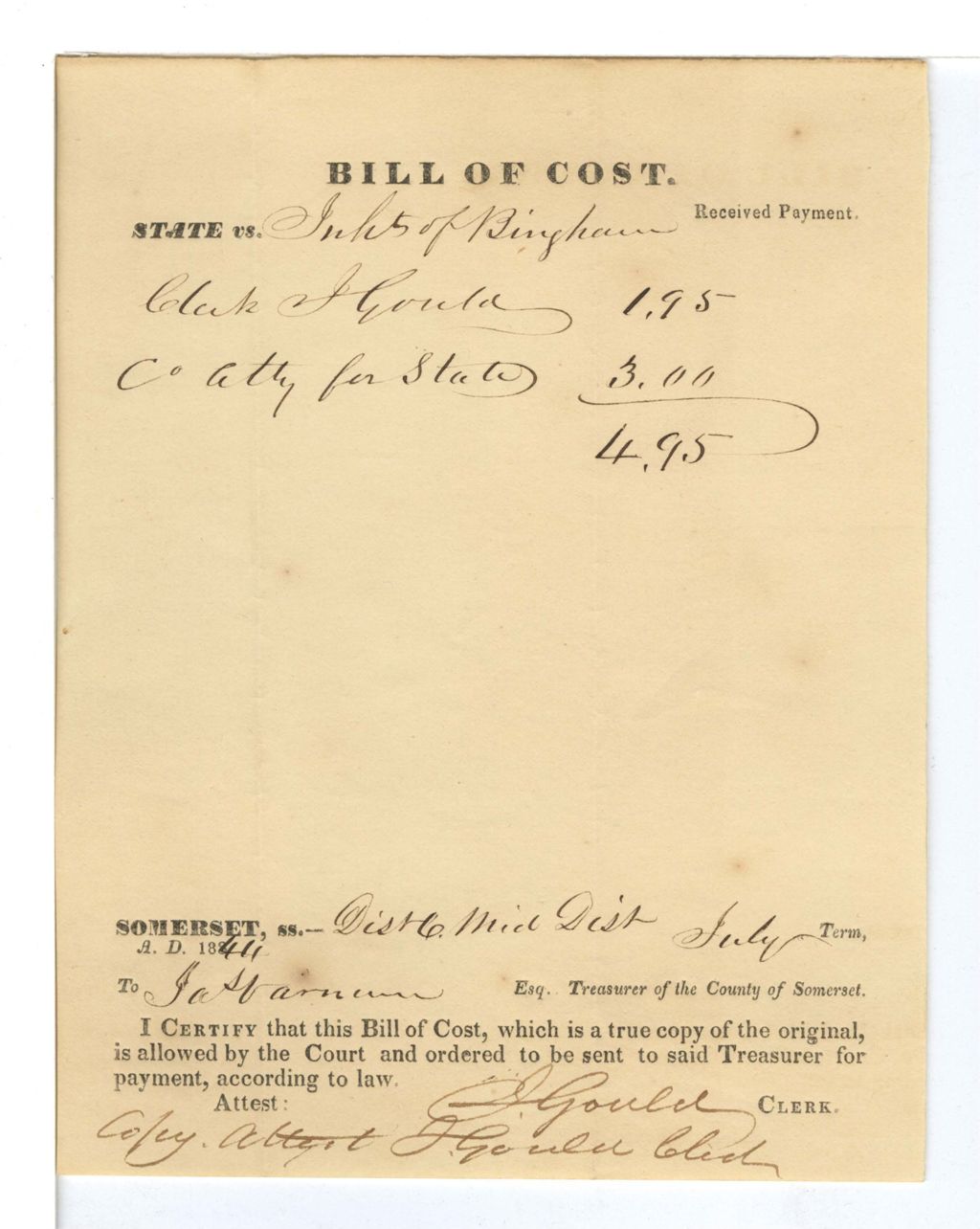 Miniature of Bill of Cost, State vs. Inhabitants of Bingham