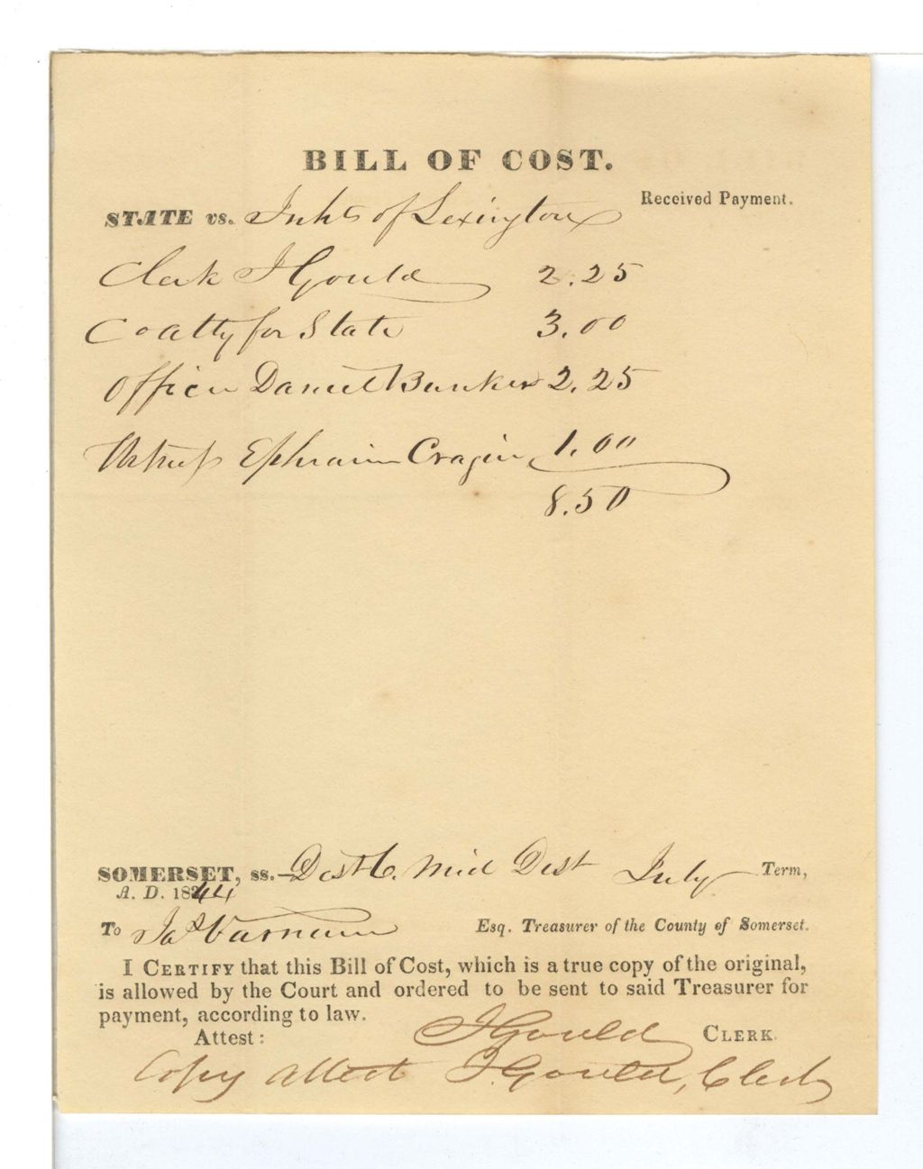 Miniature of Bill of Cost, State vs. Eli Merill