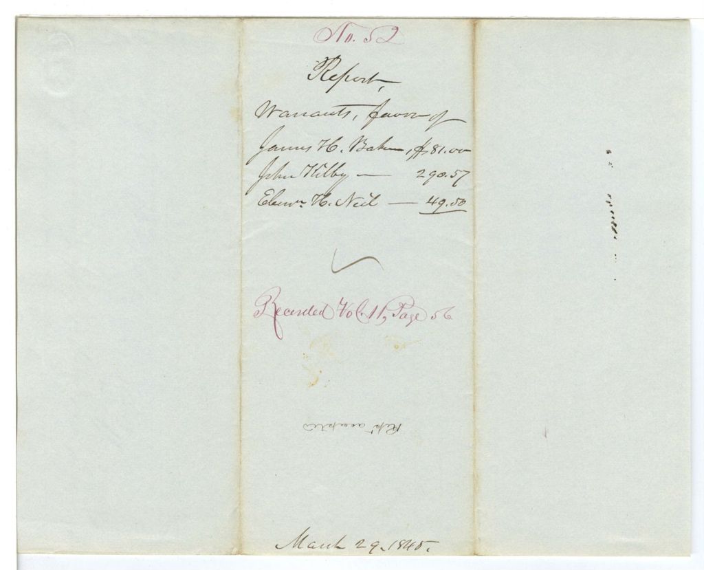 Miniature of Report 52: Report on the warrants in favor of James H. Baker, John Kilby, and Ebenezer H. Neil, Treasurers of Agricultural Societies