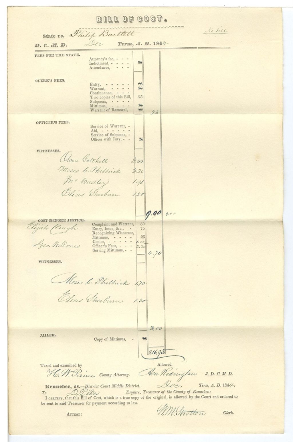 Miniature of Bill of Cost, State v. Philip Bartlett