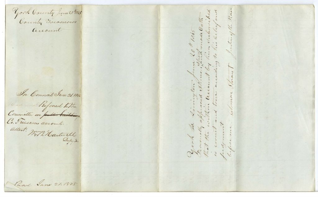 Miniature of York County Treasurer's Account, June 1845