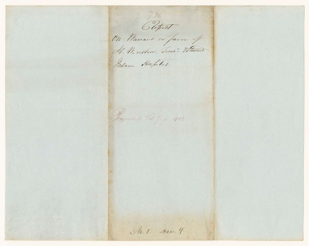 Miniature of Report 726: Report on Warrant in Favor of H. Winslow, Treasurer and Steward of the Insane Hospital