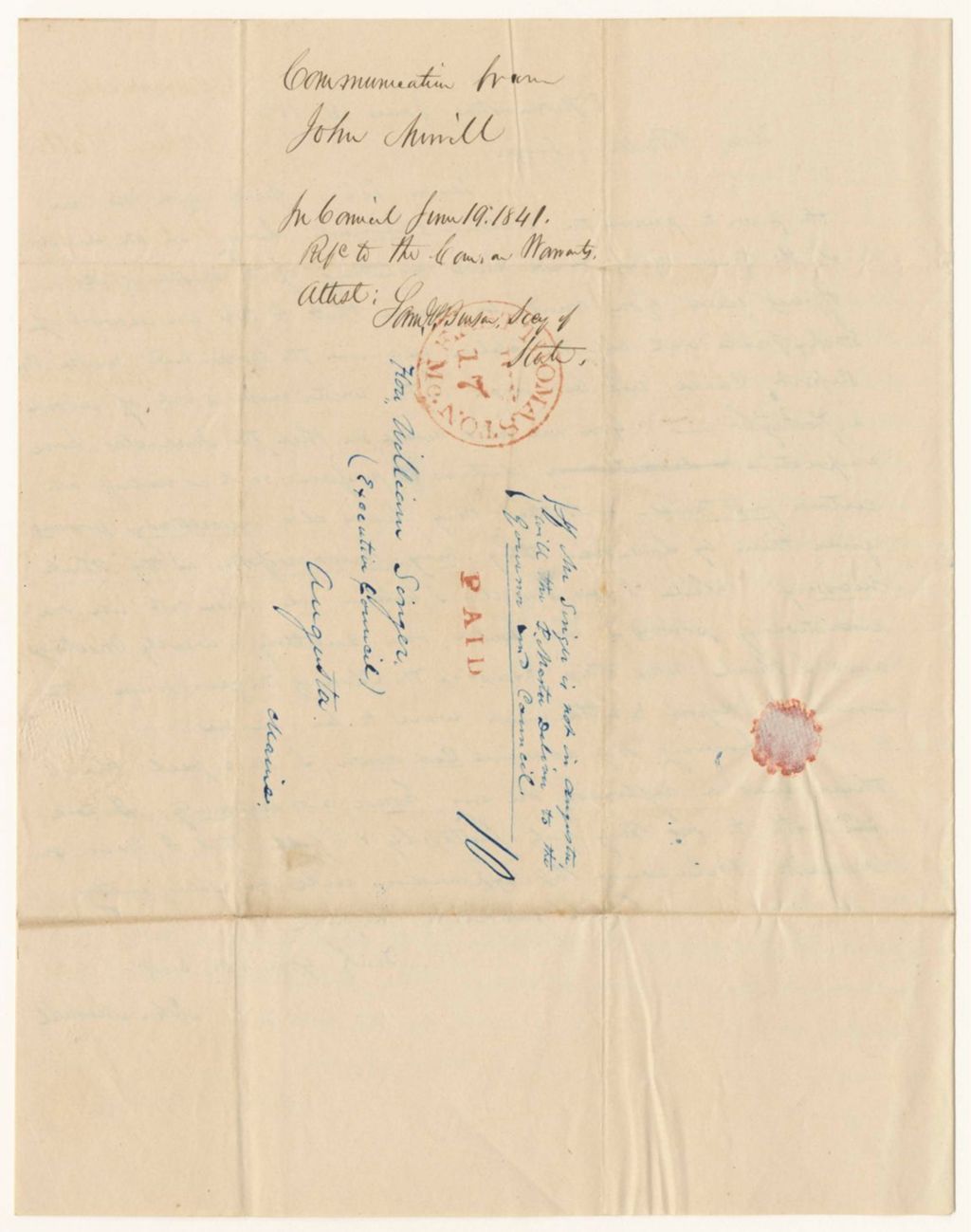 Miniature of Communication from Joshua Merrill, relating to his bill for services as Inspector of the State Prison